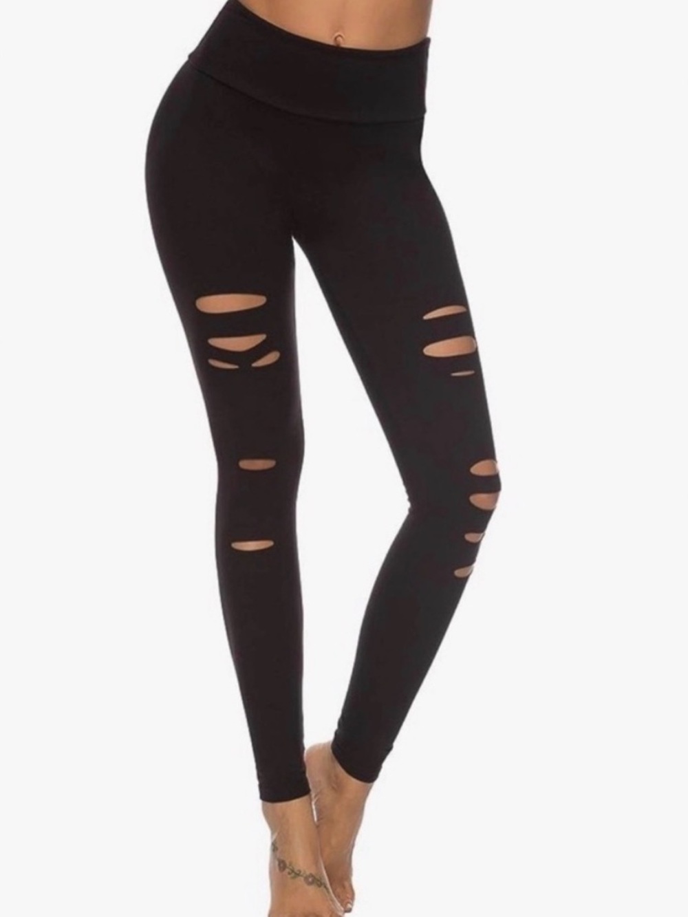 DIBAOLONG Black Ripped High-Waist Leggings